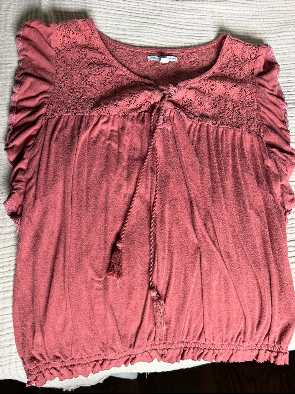 American Eagle Outfitters Rust Lace-Yoke Blouse